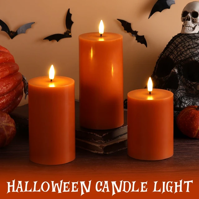 Alt view image 6 of 7 - Burnt Orange Fall Halloween Flameless Pillar Candles with Remote Set of 3 | Flickering LED Wax Candles, Thanksgiving Autumn Shelf Table Decor, 2 AA Battery Power, Flat Top