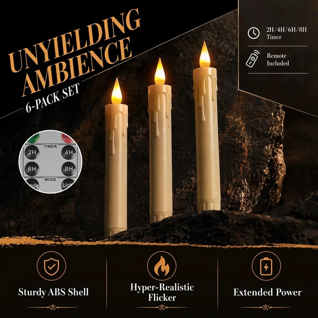 Alt view image 5 of 7 - Taper Candle Battery Operated, 6.7 Inch, Ivory, Set of 6 | Flameless Taper Candles with Remote, with Flickering 3D Flame, led candles Safe for Wedding Home Christmas