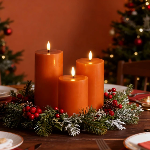 Alt view image 7 of 7 - Burnt Orange Fall Halloween Flameless Pillar Candles with Remote Set of 3 | Flickering LED Wax Candles, Thanksgiving Autumn Shelf Table Decor, 2 AA Battery Power, Flat Top
