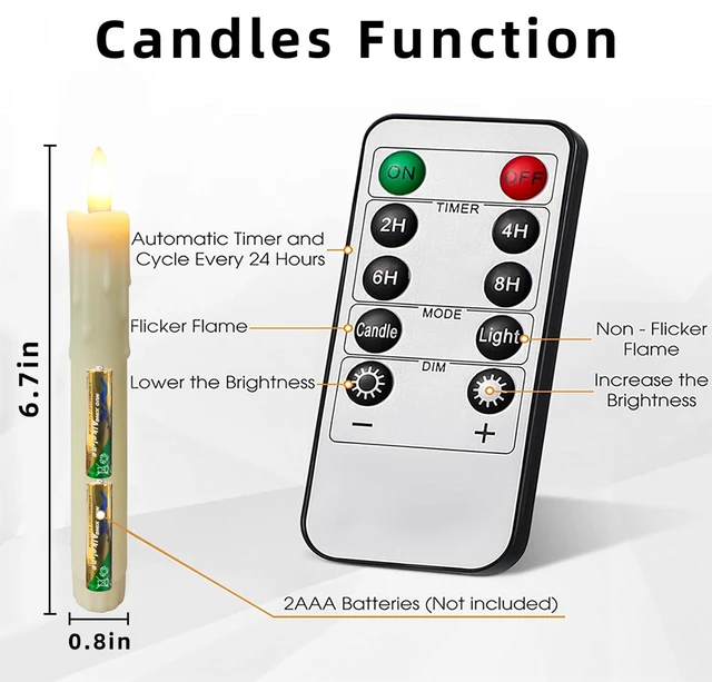 Alt view image 6 of 7 - Taper Candle Battery Operated, 6.7 Inch, Ivory, Set of 6 | Flameless Taper Candles with Remote, with Flickering 3D Flame, led candles Safe for Wedding Home Christmas