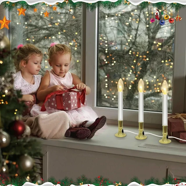 Alt view image 3 of 7 - 4 Pack Christmas Electric Window Candles with Dusk-to-Dawn Auto Sensor, Turns On in Dark, Off in Light, Plug in Electric Candle for Christmas Window Home Table Decor, 7W C26 Clear Bulb, Gold Base