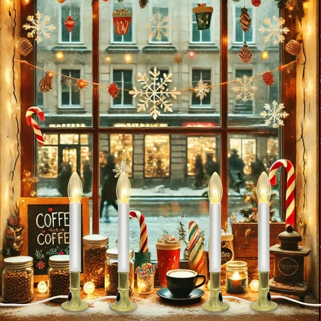 Alt view image 5 of 7 - 4 Pack Christmas Electric Window Candles with Dusk-to-Dawn Auto Sensor, Turns On in Dark, Off in Light, Plug in Electric Candle for Christmas Window Home Table Decor, 7W C26 Clear Bulb, Gold Base