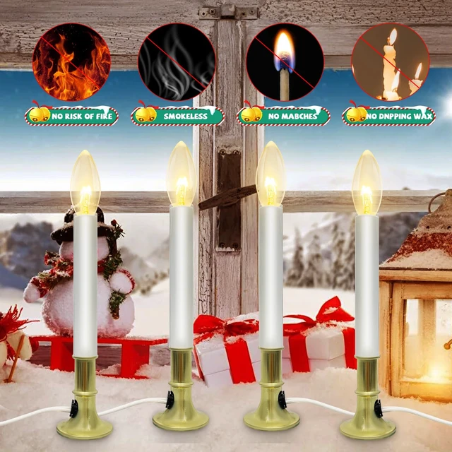 Alt view image 6 of 7 - 4 Pack Christmas Electric Window Candles with Dusk-to-Dawn Auto Sensor, Turns On in Dark, Off in Light, Plug in Electric Candle for Christmas Window Home Table Decor, 7W C26 Clear Bulb, Gold Base