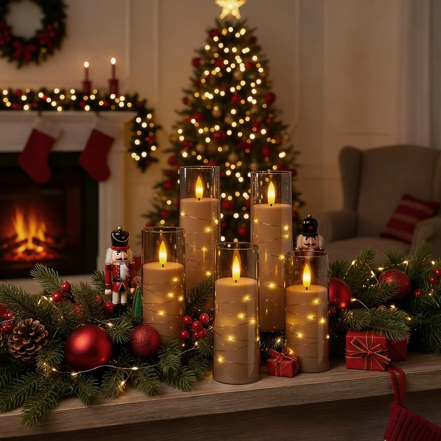 Alt view image 2 of 7 - 9 Pcs Flameless Battery Operated Pillar Candles with Remote Timer | Acrylic LED Candle with Embedded String, Warm Glow for Fall Decor, Hotel Space, Halloween, Thanksgiving Gift, Christmas, Grey