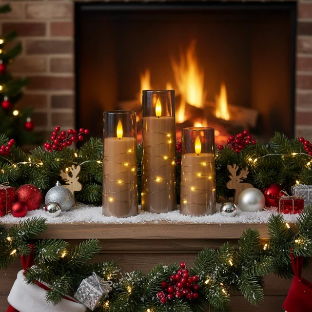 Alt view image 4 of 7 - 9 Pcs Flameless Battery Operated Pillar Candles with Remote Timer | Acrylic LED Candle with Embedded String, Warm Glow for Fall Decor, Hotel Space, Halloween, Thanksgiving Gift, Christmas, Grey