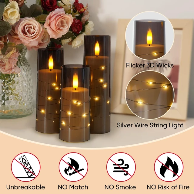 Alt view image 7 of 7 - 9 Pcs Flameless Battery Operated Pillar Candles with Remote Timer | Acrylic LED Candle with Embedded String, Warm Glow for Fall Decor, Hotel Space, Halloween, Thanksgiving Gift, Christmas, Grey