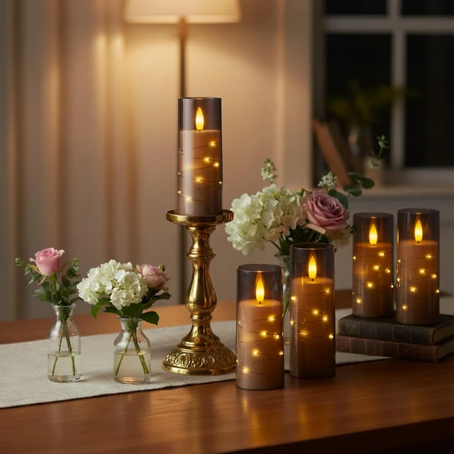 Alt view image 5 of 7 - 9 Pcs Flameless Battery Operated Pillar Candles with Remote Timer | Acrylic LED Candle with Embedded String, Warm Glow for Fall Decor, Hotel Space, Halloween, Thanksgiving Gift, Christmas, Grey