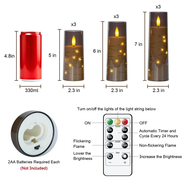 Alt view image 6 of 7 - 9 Pcs Flameless Battery Operated Pillar Candles with Remote Timer | Acrylic LED Candle with Embedded String, Warm Glow for Fall Decor, Hotel Space, Halloween, Thanksgiving Gift, Christmas, Grey