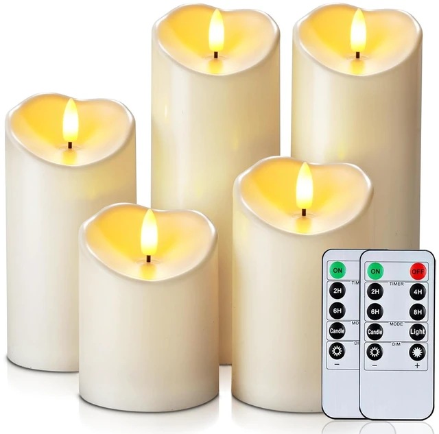 Main image of Outdoor Waterproof Flameless Candles, LED Candles, Battery Operated Candles with Remote and Timers, Electric Fake Plastic Pillar Candles, Ivory White, D3 H4 5" 6" 8" 8", Set of 5