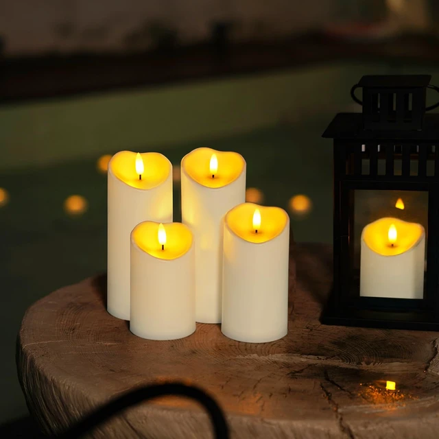 Alt view image 4 of 7 - Outdoor Waterproof Flameless Candles, LED Candles, Battery Operated Candles with Remote and Timers, Electric Fake Plastic Pillar Candles, Ivory White, D3 H4 5" 6" 8" 8", Set of 5
