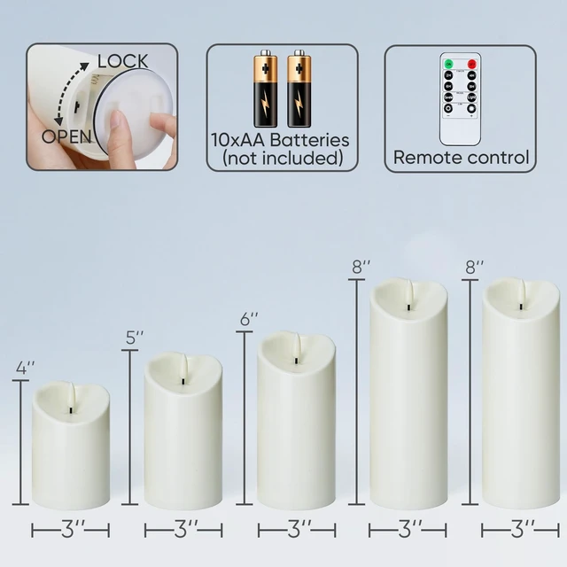 Alt view image 6 of 7 - Outdoor Waterproof Flameless Candles, LED Candles, Battery Operated Candles with Remote and Timers, Electric Fake Plastic Pillar Candles, Ivory White, D3 H4 5" 6" 8" 8", Set of 5