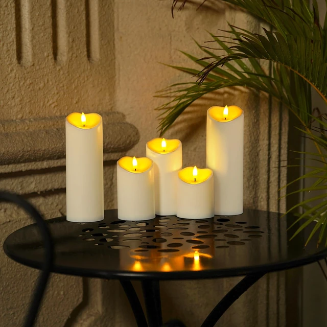 Alt view image 7 of 7 - Outdoor Waterproof Flameless Candles, LED Candles, Battery Operated Candles with Remote and Timers, Electric Fake Plastic Pillar Candles, Ivory White, D3 H4 5" 6" 8" 8", Set of 5