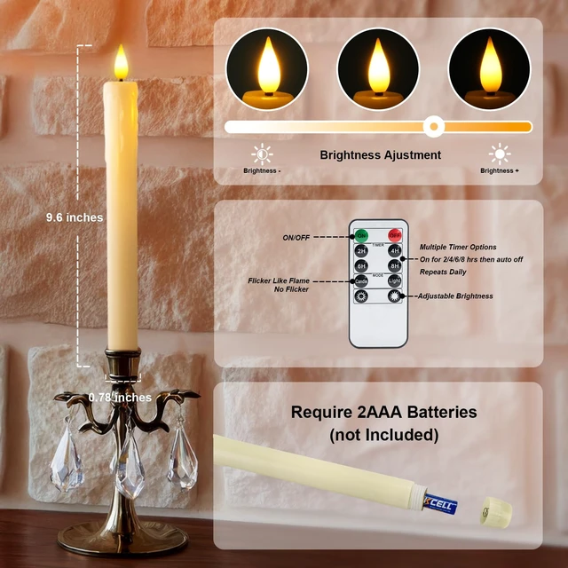 Alt view image 6 of 7 - 24 Pcs Real Wax Flameless Taper Candles with Remote Timer and Dimmer, Battery Operated Candlesticks with Flickering Light, Ivory Window Candles, 9.6 Inches for Wedding Home Decor