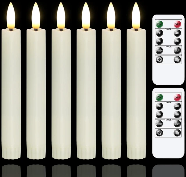 Main image of Battery Operated Flameless Taper Candles with Two Remote Timer, 6.4" LED 3D-Wick Window Candles, Flickering Long-Lasting Warm Light Electric Pack of 6 Flameless Candlesticks (0.78" Dia,Ivory)