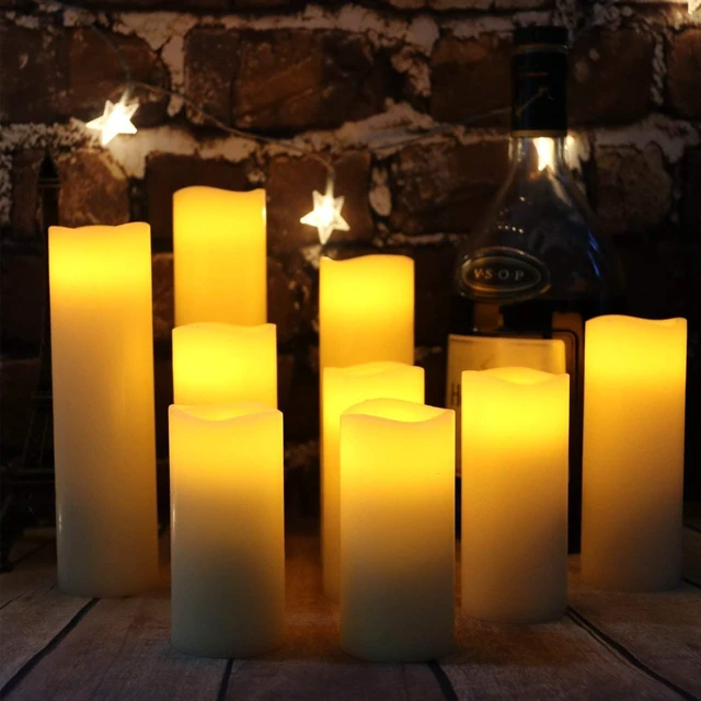 Alt view image 5 of 7 - Flameless Battery Operated LED Pillar Candles with Remote control 9pack | D2.2''*H4" 5" 6" 7" 8" 9" Set of 9 Ivory Real Wax Electric fake Candle with 10-Key for wedding, Christmas, home decoration