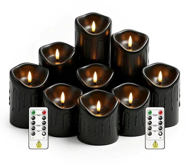 Main image of 9 Pcs Flickering Flameless LED Pillar Candles, (D 3" x H 3" 4" 5" 6" 7") Battery Operated with Remote Plastic Wax Drip Fake Candles for Home Wedding Holiday Decor,Black