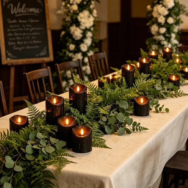 Alt view image 2 of 7 - 9 Pcs Flickering Flameless LED Pillar Candles, (D 3" x H 3" 4" 5" 6" 7") Battery Operated with Remote Plastic Wax Drip Fake Candles for Home Wedding Holiday Decor,Black