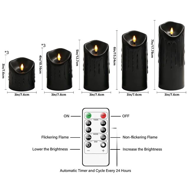 Alt view image 5 of 7 - 9 Pcs Flickering Flameless LED Pillar Candles, (D 3" x H 3" 4" 5" 6" 7") Battery Operated with Remote Plastic Wax Drip Fake Candles for Home Wedding Holiday Decor,Black