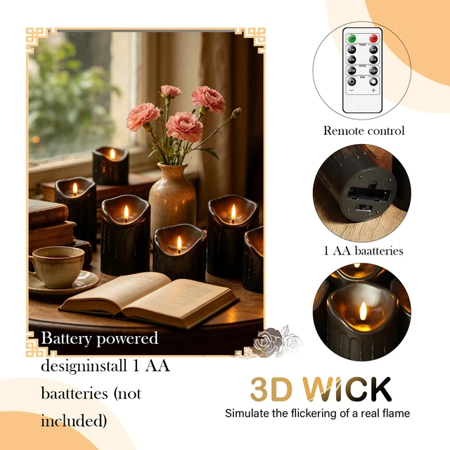 Alt view image 4 of 7 - 9 Pcs Flickering Flameless LED Pillar Candles, (D 3" x H 3" 4" 5" 6" 7") Battery Operated with Remote Plastic Wax Drip Fake Candles for Home Wedding Holiday Decor,Black