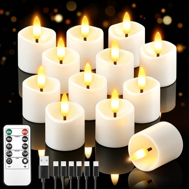 Main image of 12 Pack Small Rechargeable Flameless Candles with Remote Timer | 1.5"x2" LED Tea Lights Votive Fake Candles Flickering Mini Candles Battery Operated for Halloween Wedding Party Home Decor