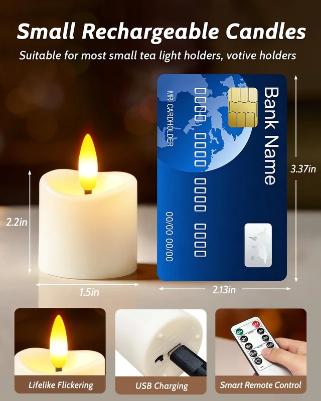 Alt view image 2 of 7 - 12 Pack Small Rechargeable Flameless Candles with Remote Timer | 1.5"x2" LED Tea Lights Votive Fake Candles Flickering Mini Candles Battery Operated for Halloween Wedding Party Home Decor