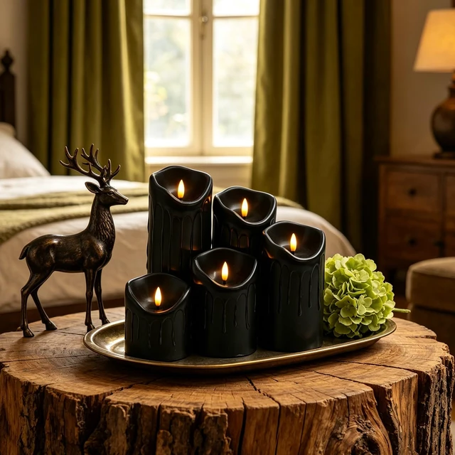 Alt view image 7 of 7 - 9 Pcs Flickering Flameless LED Pillar Candles, (D 3" x H 3" 4" 5" 6" 7") Battery Operated with Remote Plastic Wax Drip Fake Candles for Home Wedding Holiday Decor,Black