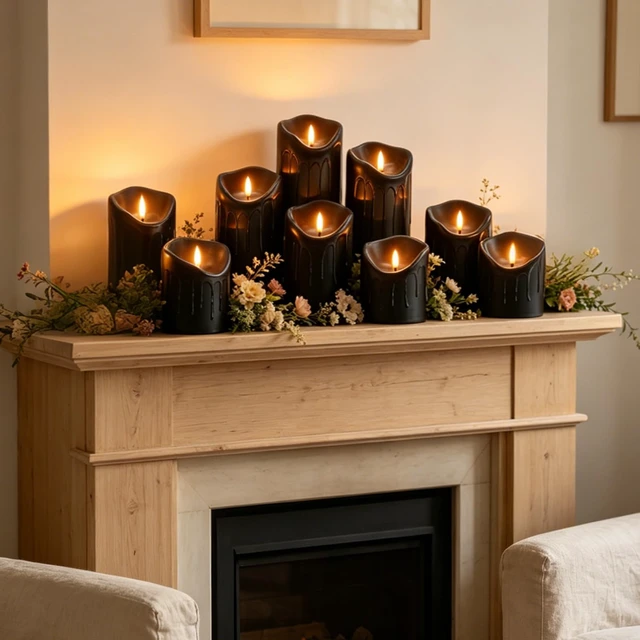Alt view image 6 of 7 - 9 Pcs Flickering Flameless LED Pillar Candles, (D 3" x H 3" 4" 5" 6" 7") Battery Operated with Remote Plastic Wax Drip Fake Candles for Home Wedding Holiday Decor,Black