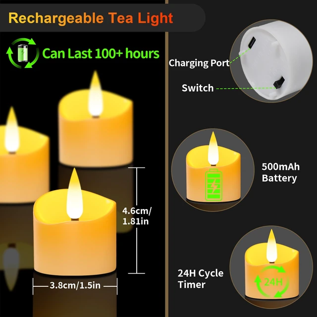 Alt view image 2 of 7 - USB-C Rechargeable Tea Lights with Charging Base 12 Pack | Flameless Tea Light Candles with Remote and Timer, 100+H Battery Operated, For Votive Wedding Halloween Christmas