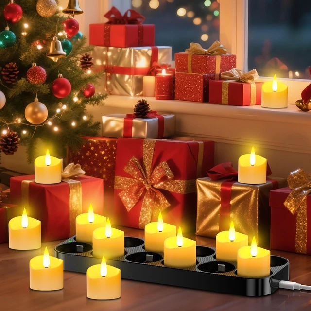 Alt view image 7 of 7 - USB-C Rechargeable Tea Lights with Charging Base 12 Pack | Flameless Tea Light Candles with Remote and Timer, 100+H Battery Operated, For Votive Wedding Halloween Christmas