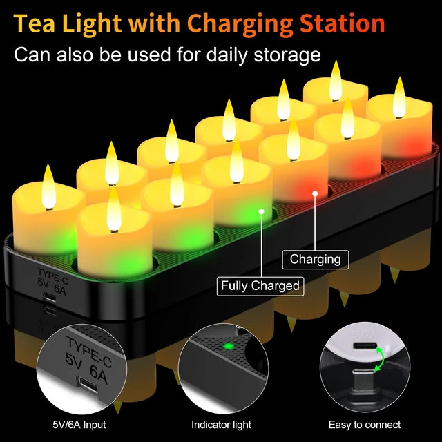 Alt view image 3 of 7 - USB-C Rechargeable Tea Lights with Charging Base 12 Pack | Flameless Tea Light Candles with Remote and Timer, 100+H Battery Operated, For Votive Wedding Halloween Christmas