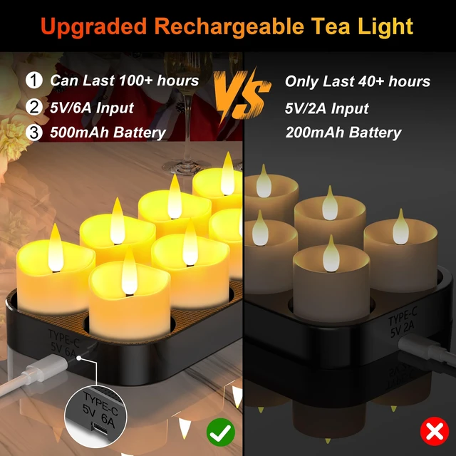 Alt view image 5 of 7 - USB-C Rechargeable Tea Lights with Charging Base 12 Pack | Flameless Tea Light Candles with Remote and Timer, 100+H Battery Operated, For Votive Wedding Halloween Christmas