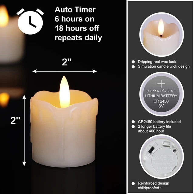 Alt view image 2 of 7 - 2"x2" Real Wax Flameless LED Votive Candles, 6H Timer, 6 Pack | 400+ Hrs battery life, warm white glow, realistic flickering flame, auto 6H on/18H off cycle timer, for wedding & party decor