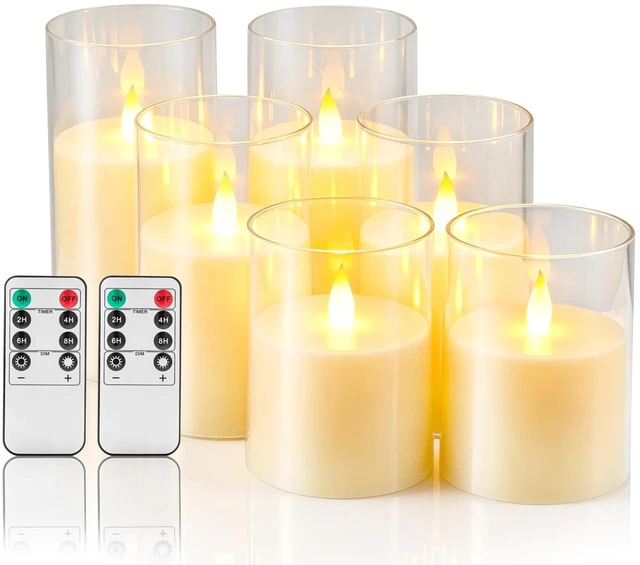 Main image of Flameless Candles with Remote, Set of 6 LED Pillar Candles (3" D x 4" 5" 6" H), Realistic Climbing Flame Battery Powered Candles for Home Wedding Christmas (Clear Shell Ivory)
