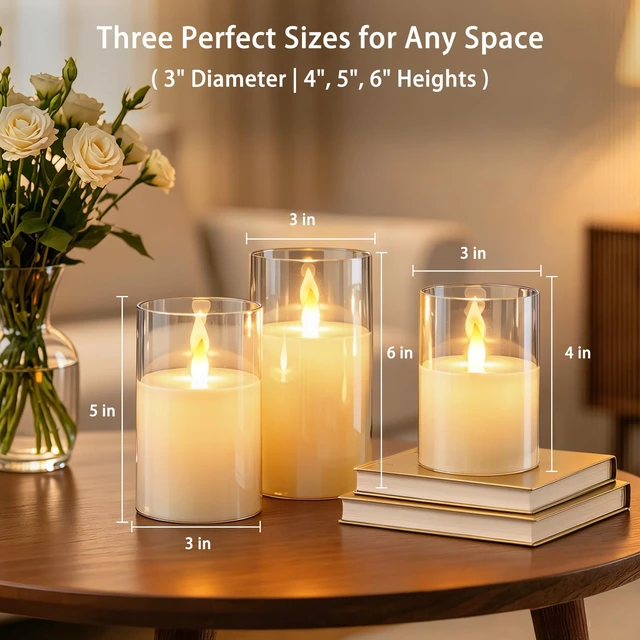 Alt view image 4 of 7 - Flameless Candles with Remote, Set of 6 LED Pillar Candles (3" D x 4" 5" 6" H), Realistic Climbing Flame Battery Powered Candles for Home Wedding Christmas (Clear Shell Ivory)