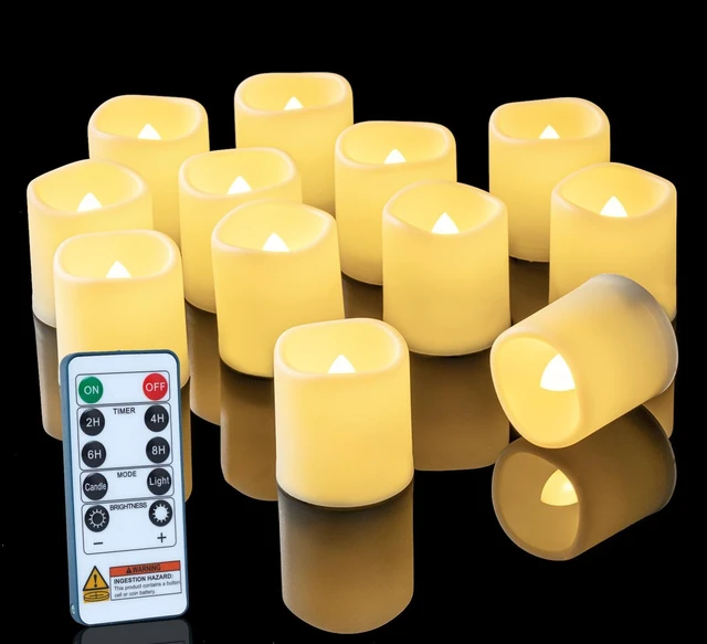 Main image of 12 Pack Flameless LED Votive Tealight Candles with Timer Remote | 2/4/6/8h timer remote included, 400hr CR2450 battery, warm white flicker glow, flicker/steady mode, for Hard to Reach Spots
