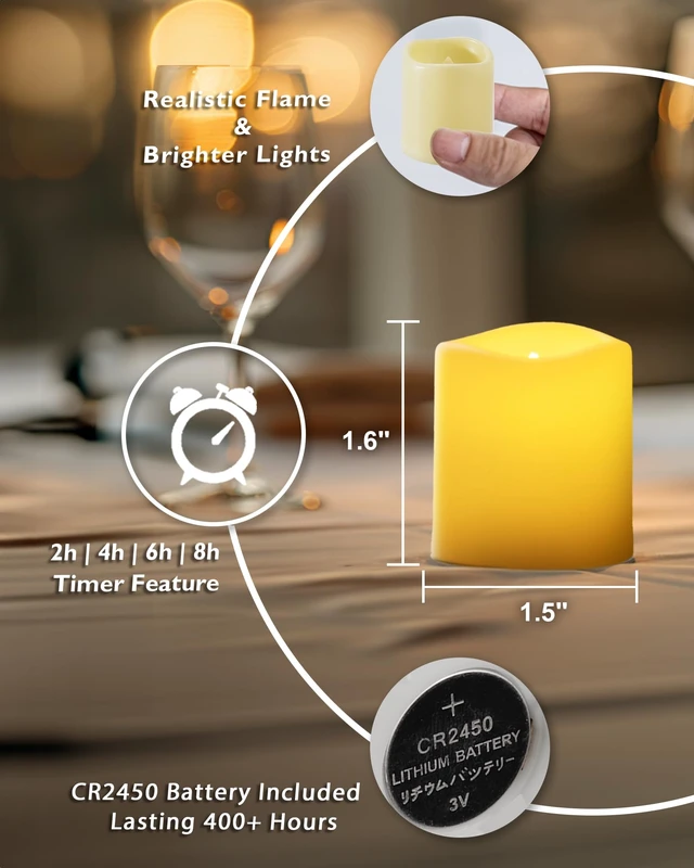 Alt view image 3 of 6 - 12 Pack Flameless LED Votive Tealight Candles with Timer Remote | 2/4/6/8h timer remote included, 400hr CR2450 battery, warm white flicker glow, flicker/steady mode, for Hard to Reach Spots
