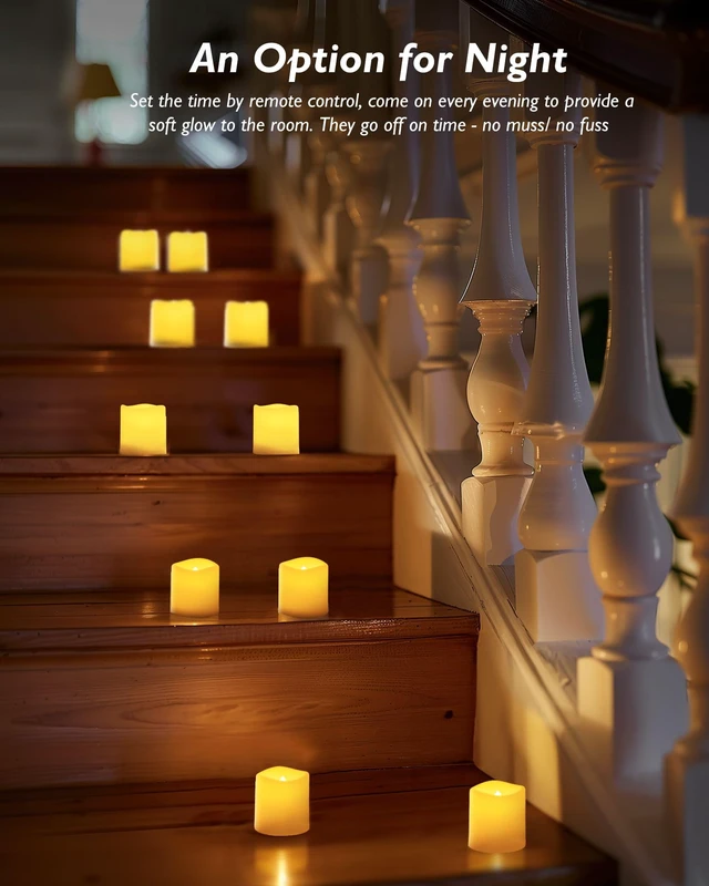 Alt view image 6 of 6 - 12 Pack Flameless LED Votive Tealight Candles with Timer Remote | 2/4/6/8h timer remote included, 400hr CR2450 battery, warm white flicker glow, flicker/steady mode, for Hard to Reach Spots