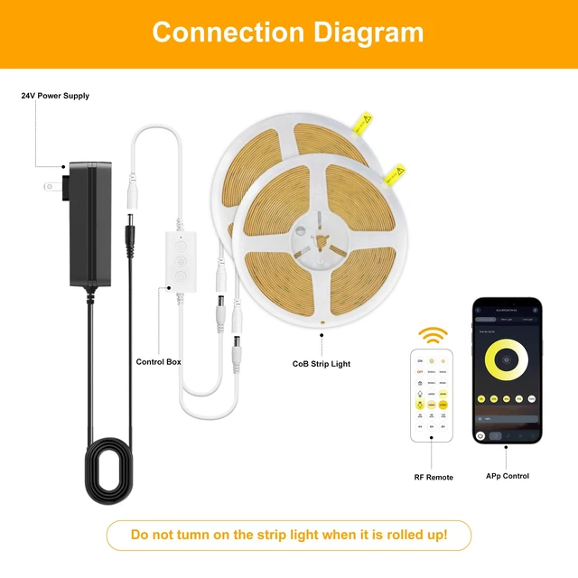 Alt view image 3 of 7 - COB LED Strip Light,CCT Dimmable Strips Light,2700K-6500K,65ft/20m,8mm Wide,CRI90+ 24V LED Strips Kit with Bluetooth APP Control/Music Mode,for Bedroom,Kitchen,DIY Lighting