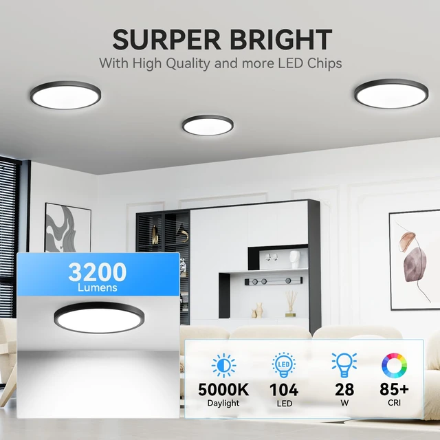 Alt view image 2 of 7 - 6Pack 3200lm LED Flush Mount Ceiling Light, Super Slim 12 inch LED Ceiling Light, 5000K LED Ceiling Light for Bedroom, Living Room, Dining Room (Black, Six Pack)