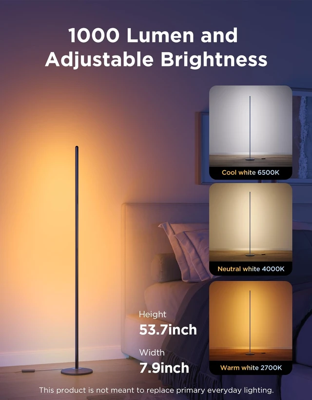Alt view image 2 of 7 - RGBIC Floor Lamp Basic, 1000lm LED Corner Lamp, Black | Compatible with Alexa and Matter, Modern Floor Lamp with Music Sync and 16 Million DIY Colors, Standing Lamp for Bedroom