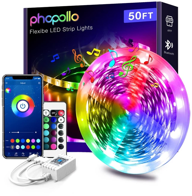 Main image of 50FT LED Strip Lights 5050 RGB Color Changing for Bedroom | Bluetooth App Control, Music Sync, Kitchen Home Decor Lighting