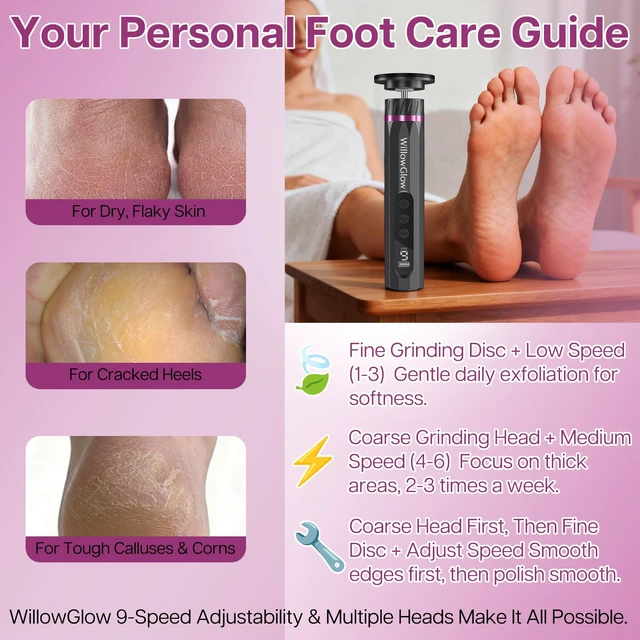 Alt view image 3 of 7 - Professional Electric Foot Callus Remover, 9-Speed Cordless Foot File with Reusable Nano Glass Heads & Sandpaper for Dead Skin Removal and Smooth Feet