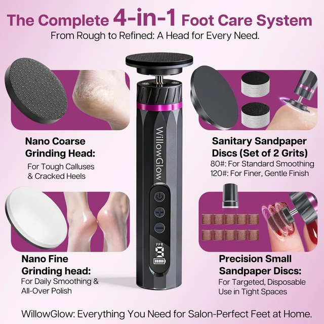 Alt view image 5 of 7 - Professional Electric Foot Callus Remover, 9-Speed Cordless Foot File with Reusable Nano Glass Heads & Sandpaper for Dead Skin Removal and Smooth Feet