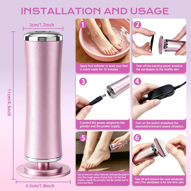 Alt view image 4 of 7 - Electric Foot Callus Remover, Adjustable Speed Electric Foot Files for Feet, with 60 PCS Sandpaper Discs, Foot Care Scrubber for Cracked Heels, Dead Hard Skin Removal (Pink)