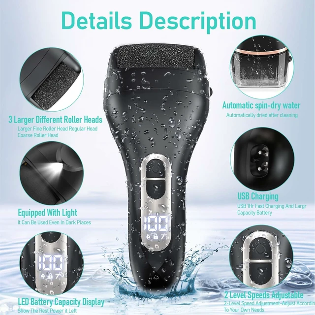 Alt view image 5 of 7 - Electric Rechargeable Callus Remover for Feet Portable Pedicure Kit | With Larger Grinding Head, Foot File Callus Remover, Waterproof Foot File for Foot Care Deadskin Remover LCD Display Black