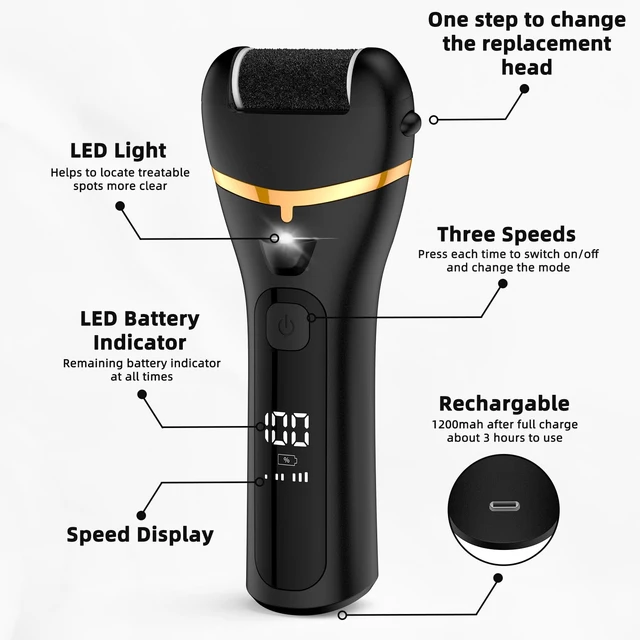 Alt view image 4 of 7 - Electric Callus Remover for Feet Rechargeable Hard Skin Remover with 3 Replacement Rollers, Electric Foot Care with LED Light (Black)