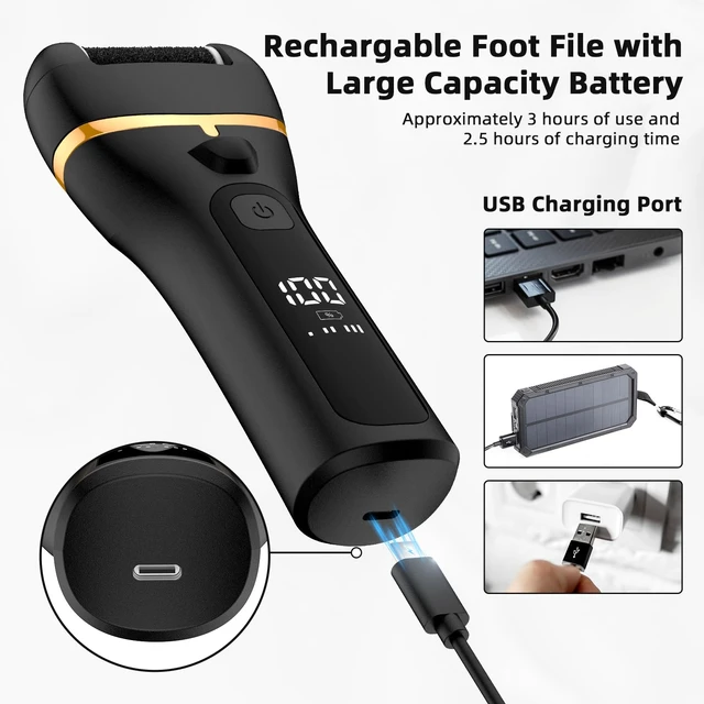 Alt view image 7 of 7 - Electric Callus Remover for Feet Rechargeable Hard Skin Remover with 3 Replacement Rollers, Electric Foot Care with LED Light (Black)