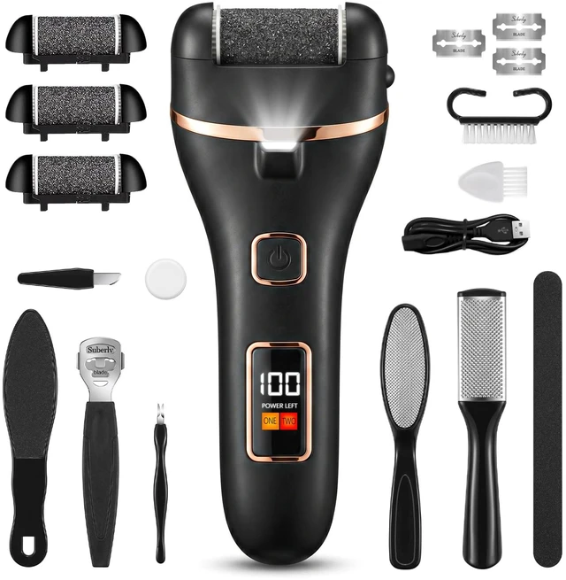 Main image of Electric Foot Callus Remover, IPX6, Rechargeable, 3 Roller Heads, Waterproof Foot Scrubber, 15-in-1 Professional Pedicure Kit for Dead, Hard, Cracked Dry Skin (Black)
