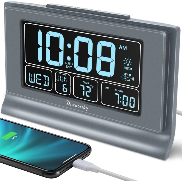 Main image of Alarm Clocks for Bedrooms with Battery Backup, Auto Set | Digital Clock with Date & Day of Week, 5 Inch Large Display, Weekday, Temperature, USB Port, Auto DST, Brightness Dimmer
