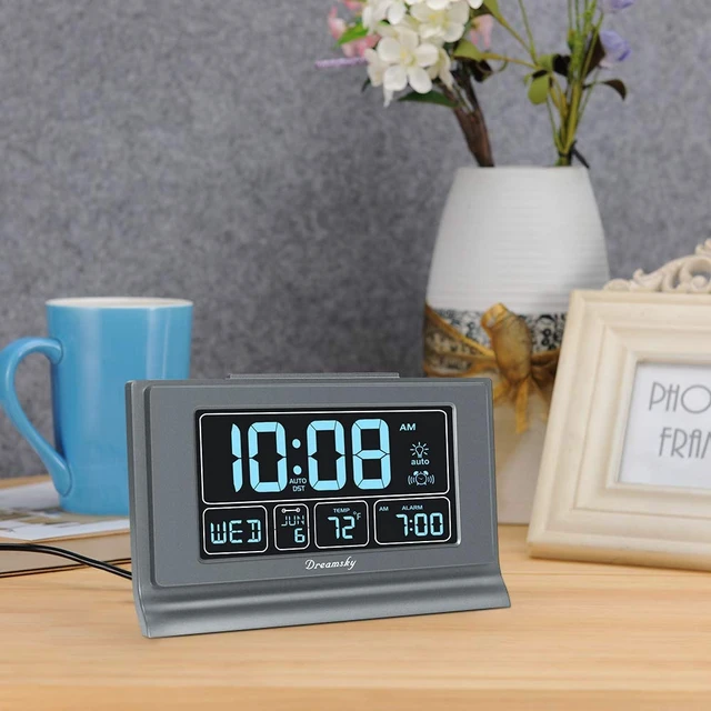 Alt view image 3 of 7 - Alarm Clocks for Bedrooms with Battery Backup, Auto Set | Digital Clock with Date & Day of Week, 5 Inch Large Display, Weekday, Temperature, USB Port, Auto DST, Brightness Dimmer